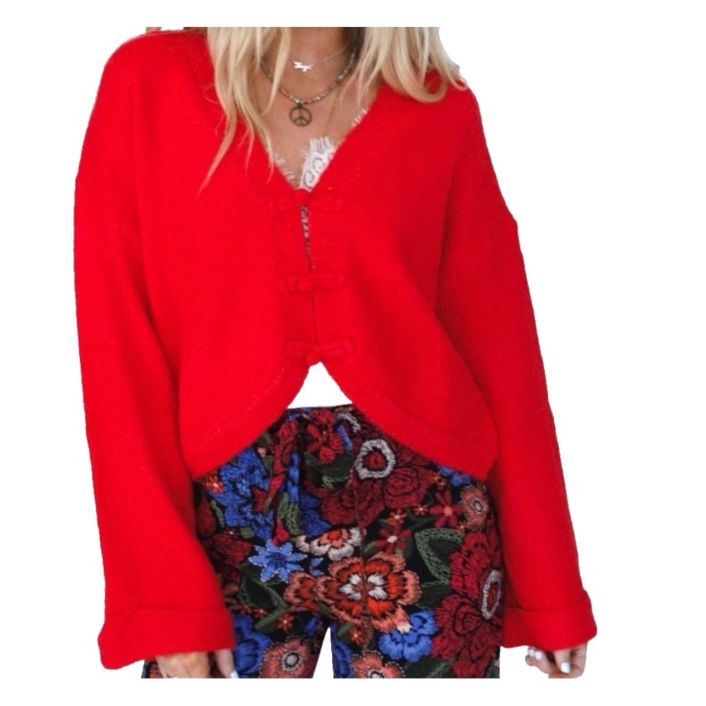 Three Bird Nest Kendrick Cardigan Size S Red Wool Blend Bell Sleeve Boho Sweater